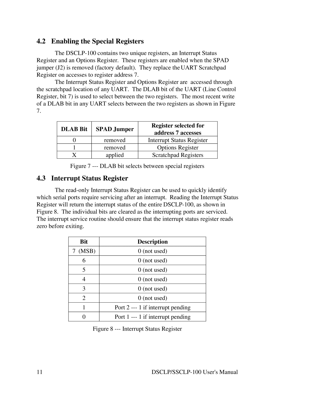 Quatech DSCLP/SSCLP-100 user manual Enabling the Special Registers, Interrupt Status Register 