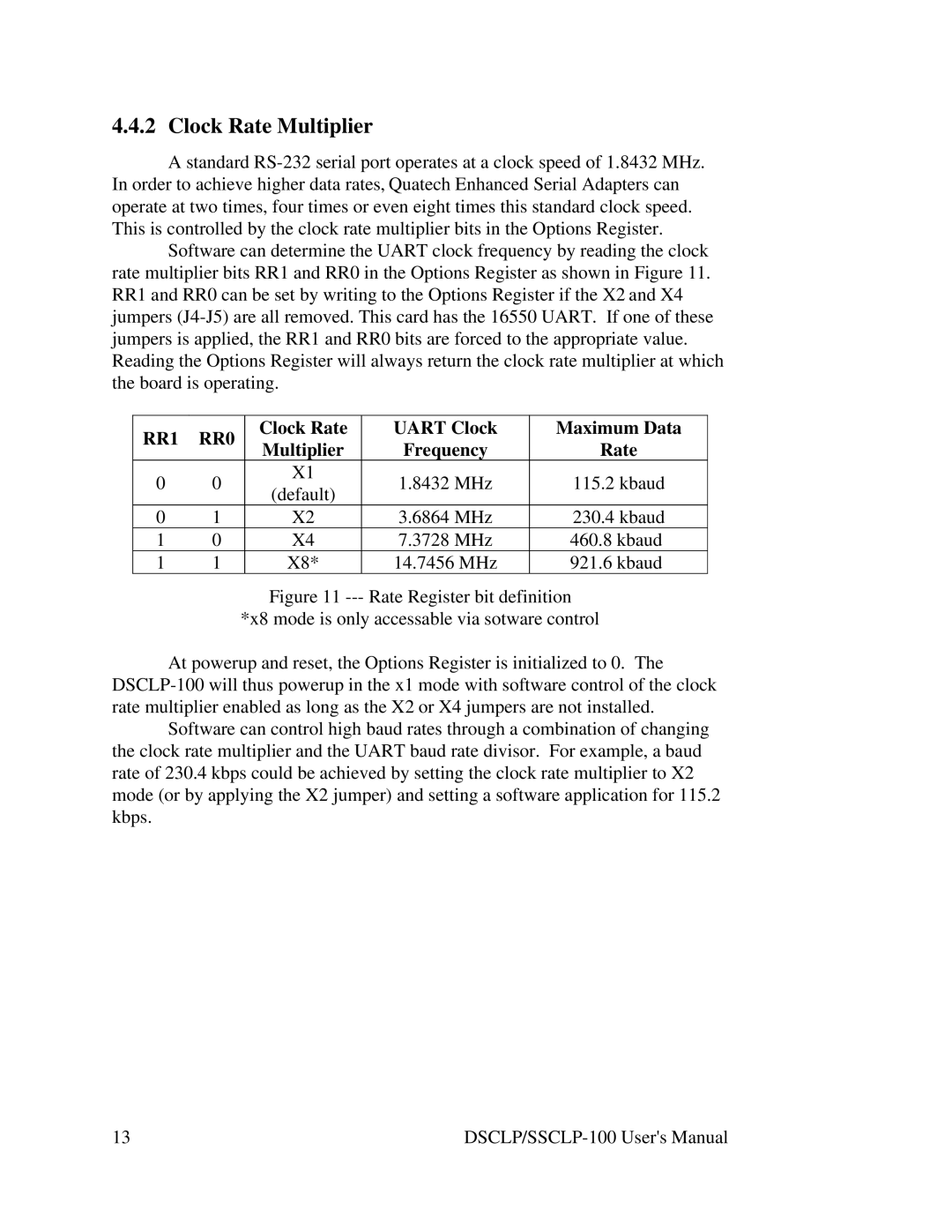 Quatech DSCLP/SSCLP-100 user manual Clock Rate Multiplier, RR1 RR0 