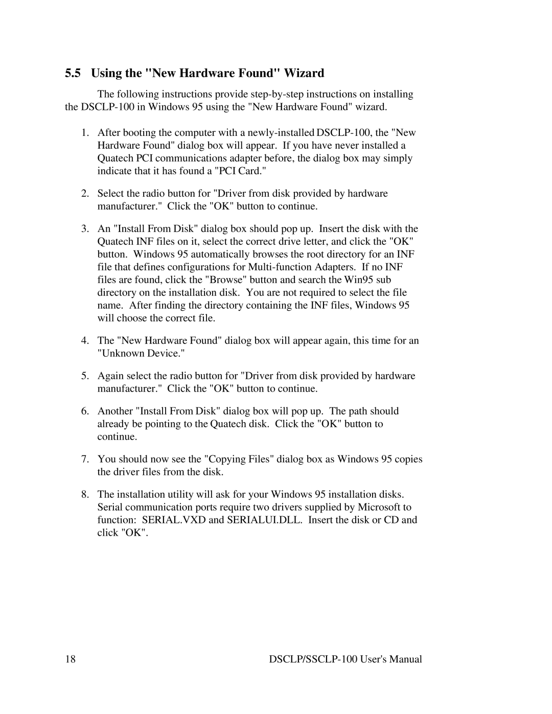 Quatech DSCLP/SSCLP-100 user manual Using the New Hardware Found Wizard 