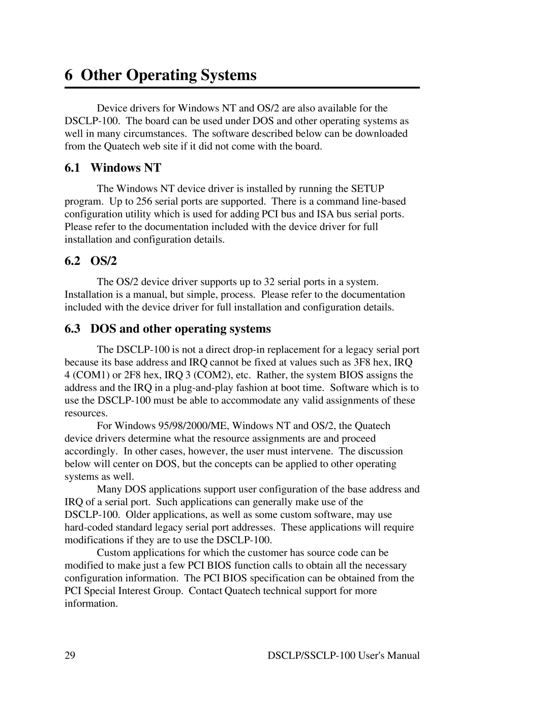 Quatech DSCLP/SSCLP-100 user manual Other Operating Systems, Windows NT, OS/2, DOS and other operating systems 