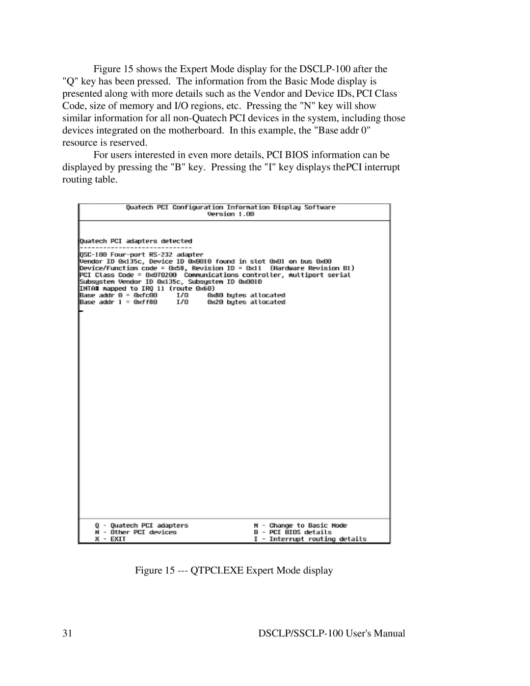 Quatech DSCLP/SSCLP-100 user manual QTPCI.EXE Expert Mode display 