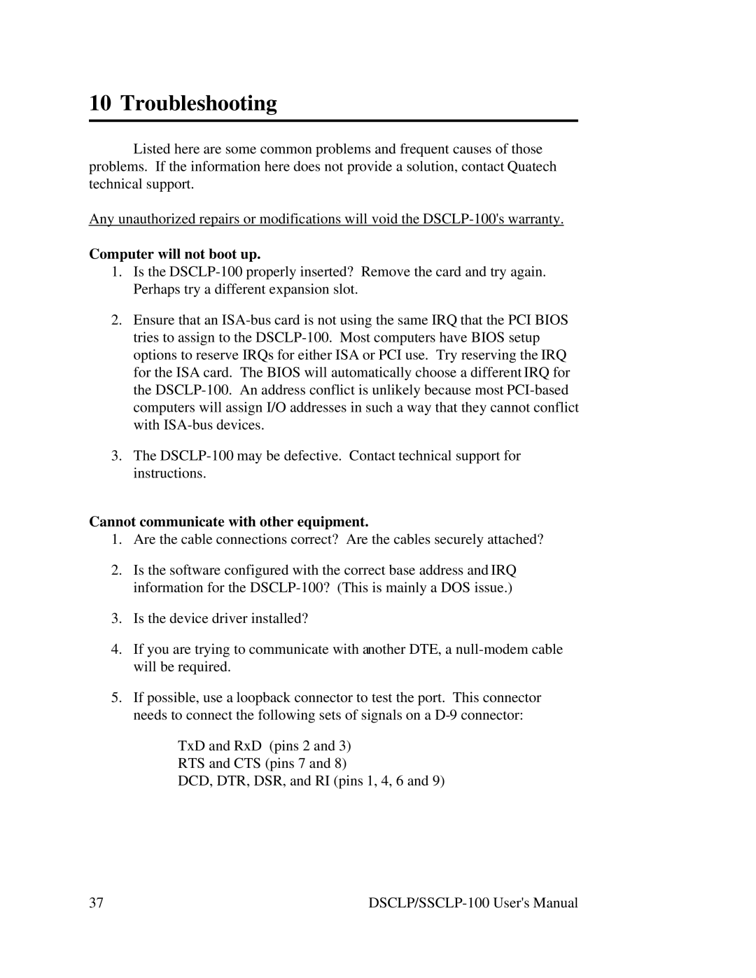 Quatech DSCLP/SSCLP-100 user manual Troubleshooting, Computer will not boot up 