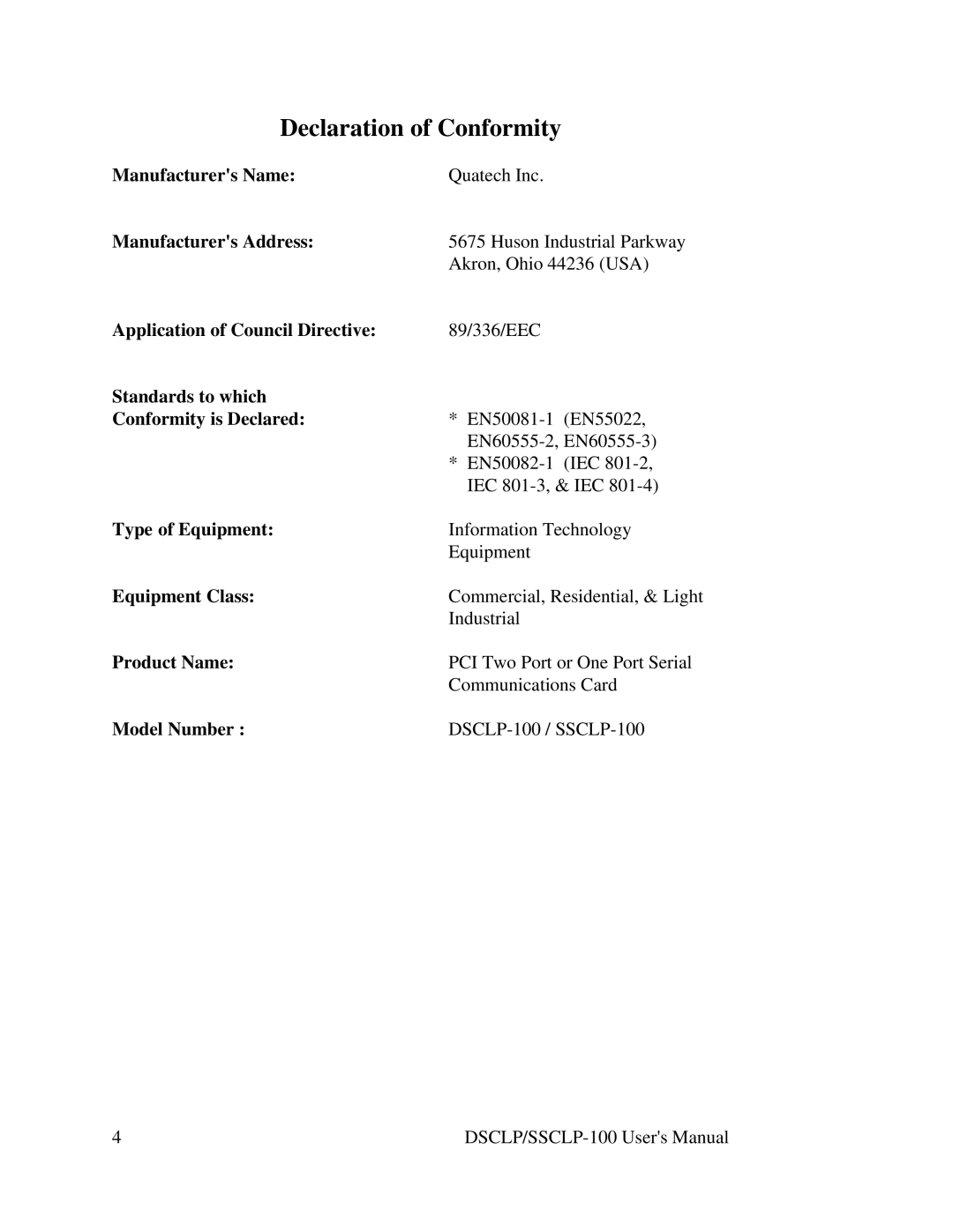 Quatech DSCLP/SSCLP-100 user manual Declaration of Conformity 