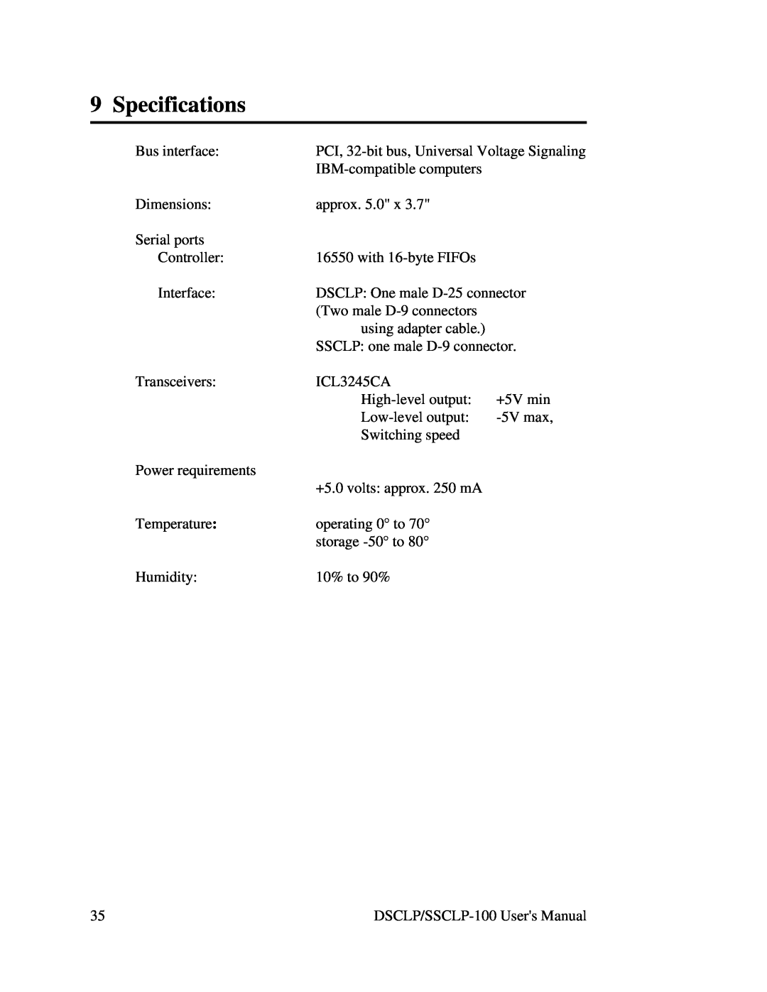Quatech DSCLP/SSCLP-100 user manual Specifications 