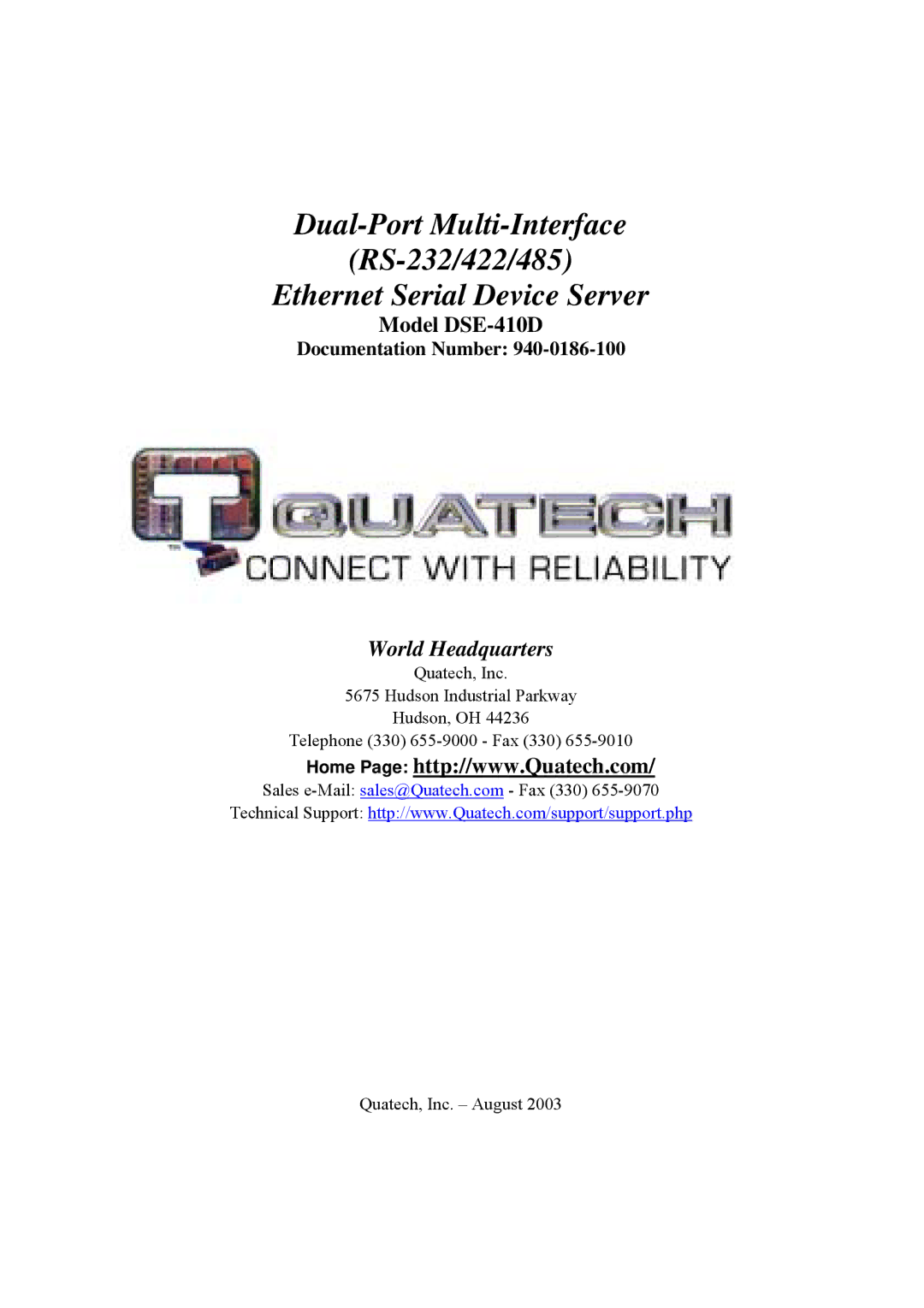 Quatech manual Model DSE-410D, World Headquarters 