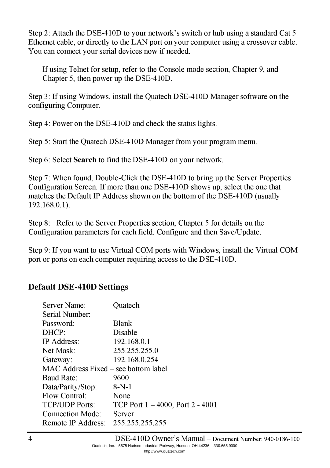 Quatech manual Default DSE-410D Settings, Dhcp 