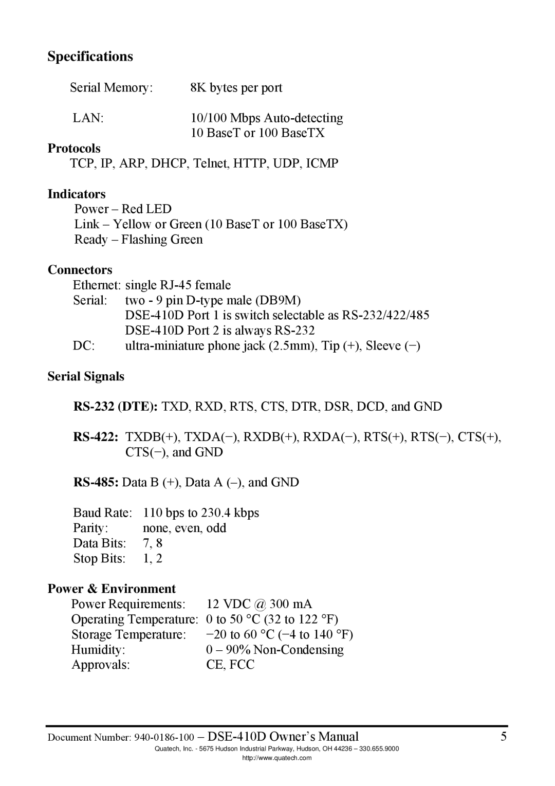 Quatech DSE-410D manual Specifications 