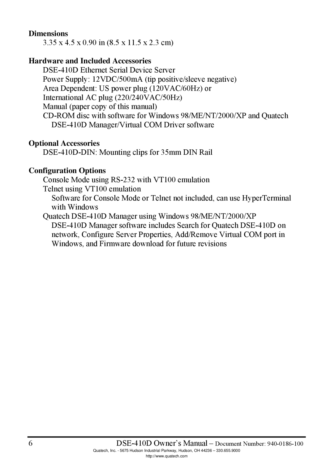 Quatech DSE-410D manual Dimensions, Optional Accessories, Configuration Options 