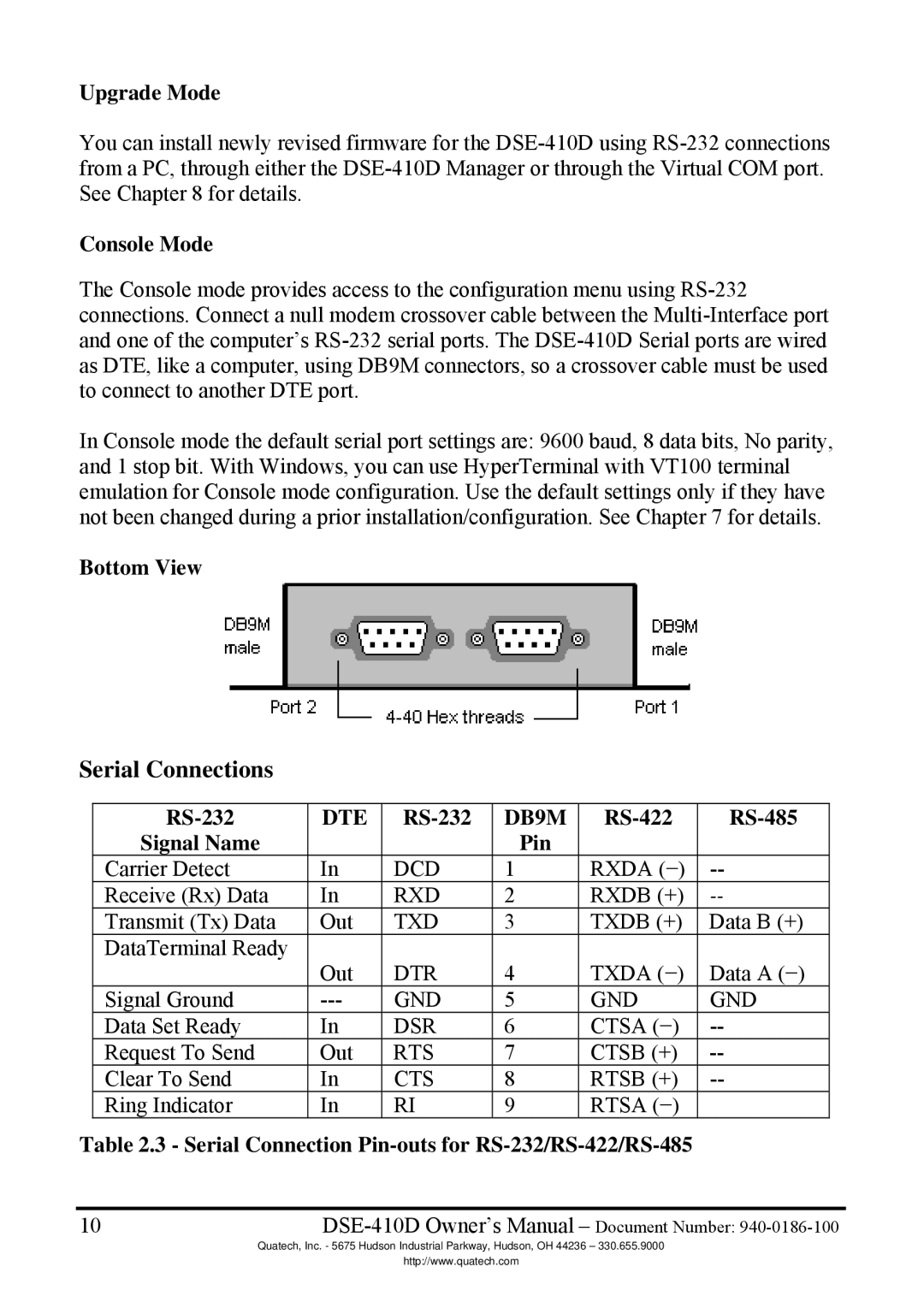 Quatech DSE-410D manual Serial Connections 