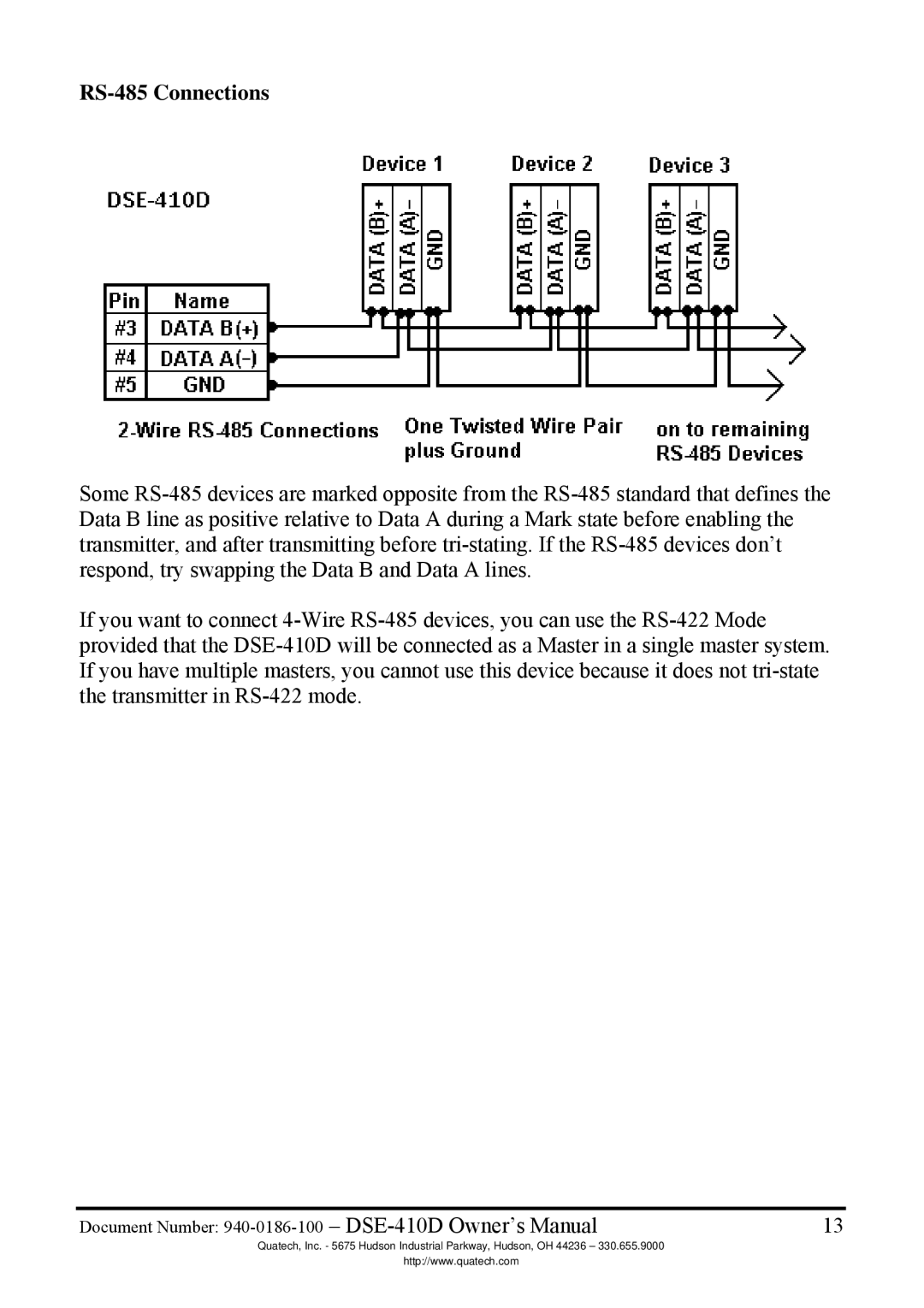 Quatech DSE-410D manual RS-485 Connections 