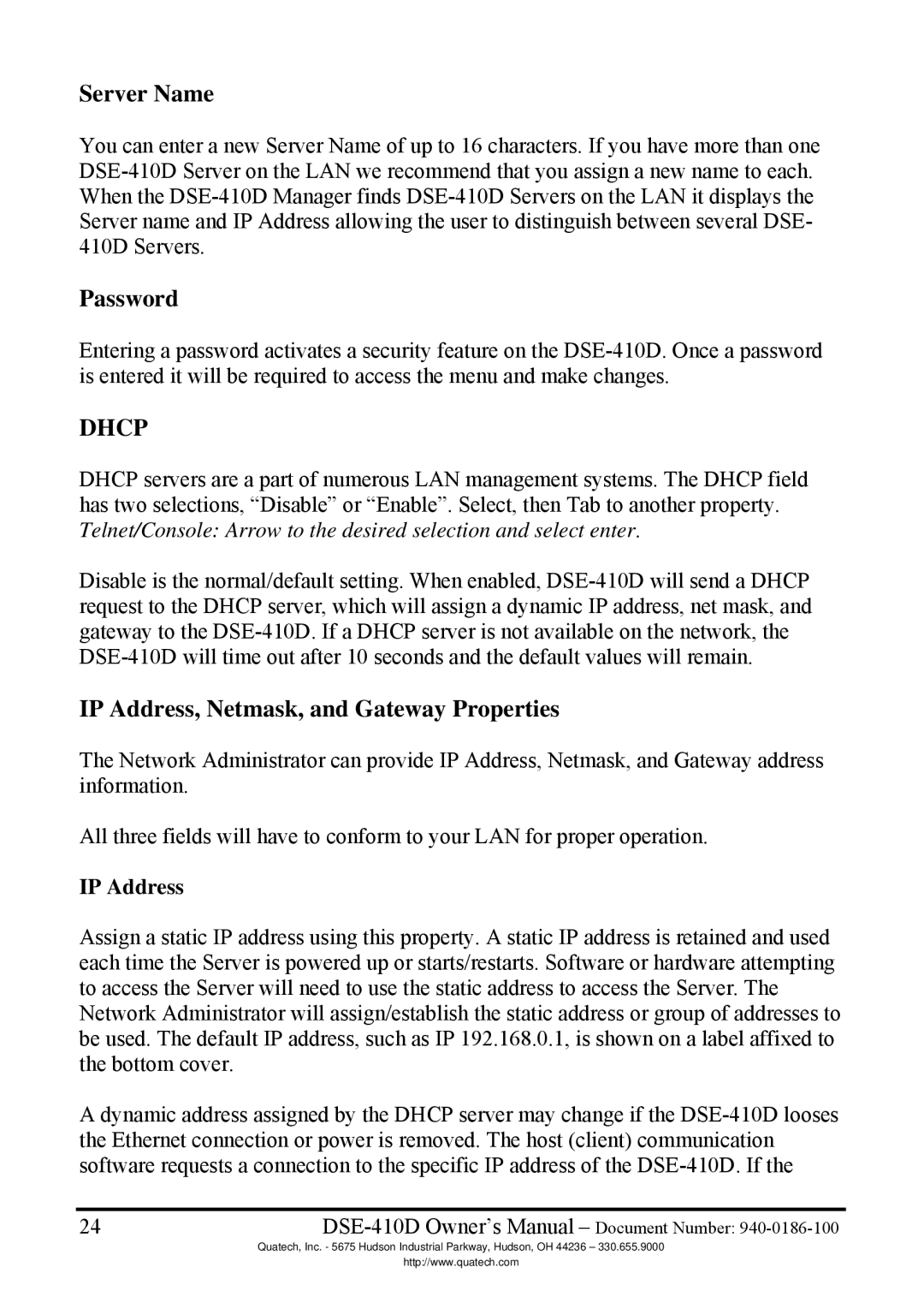 Quatech DSE-410D manual Server Name, Password, IP Address, Netmask, and Gateway Properties 