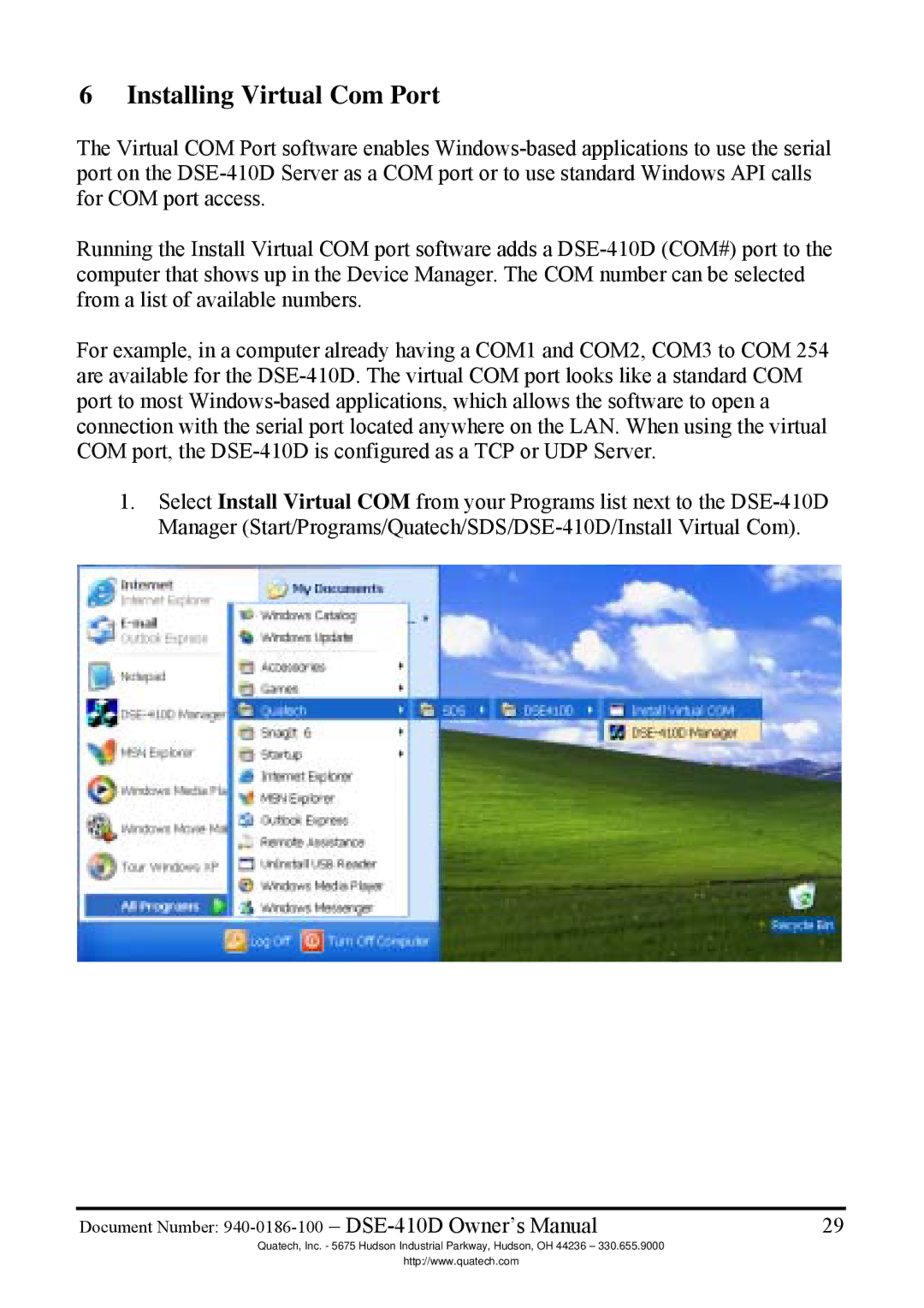 Quatech DSE-410D manual Installing Virtual Com Port 