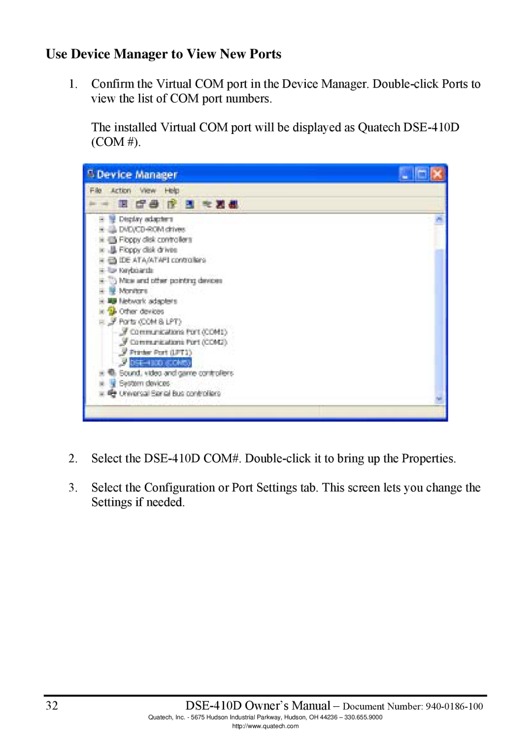Quatech DSE-410D manual Use Device Manager to View New Ports 
