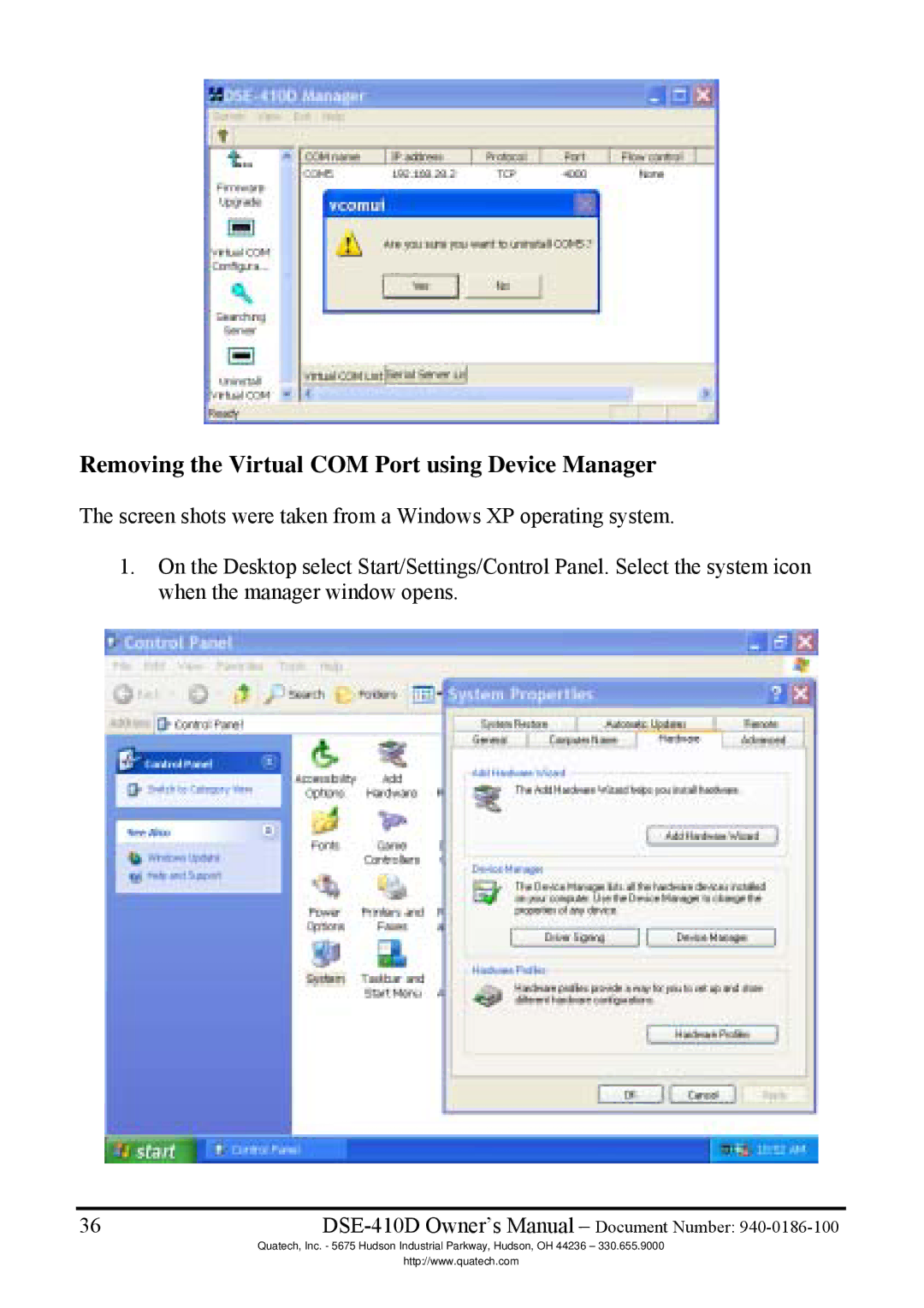 Quatech DSE-410D manual Removing the Virtual COM Port using Device Manager 