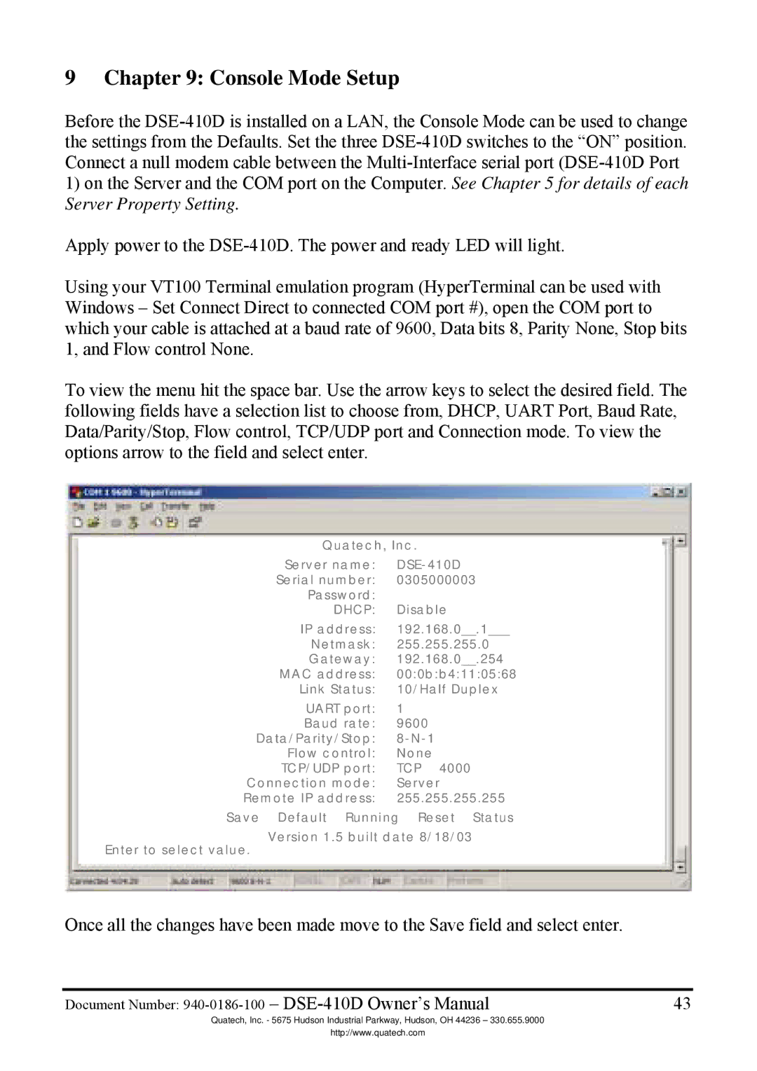 Quatech DSE-410D manual Console Mode Setup 