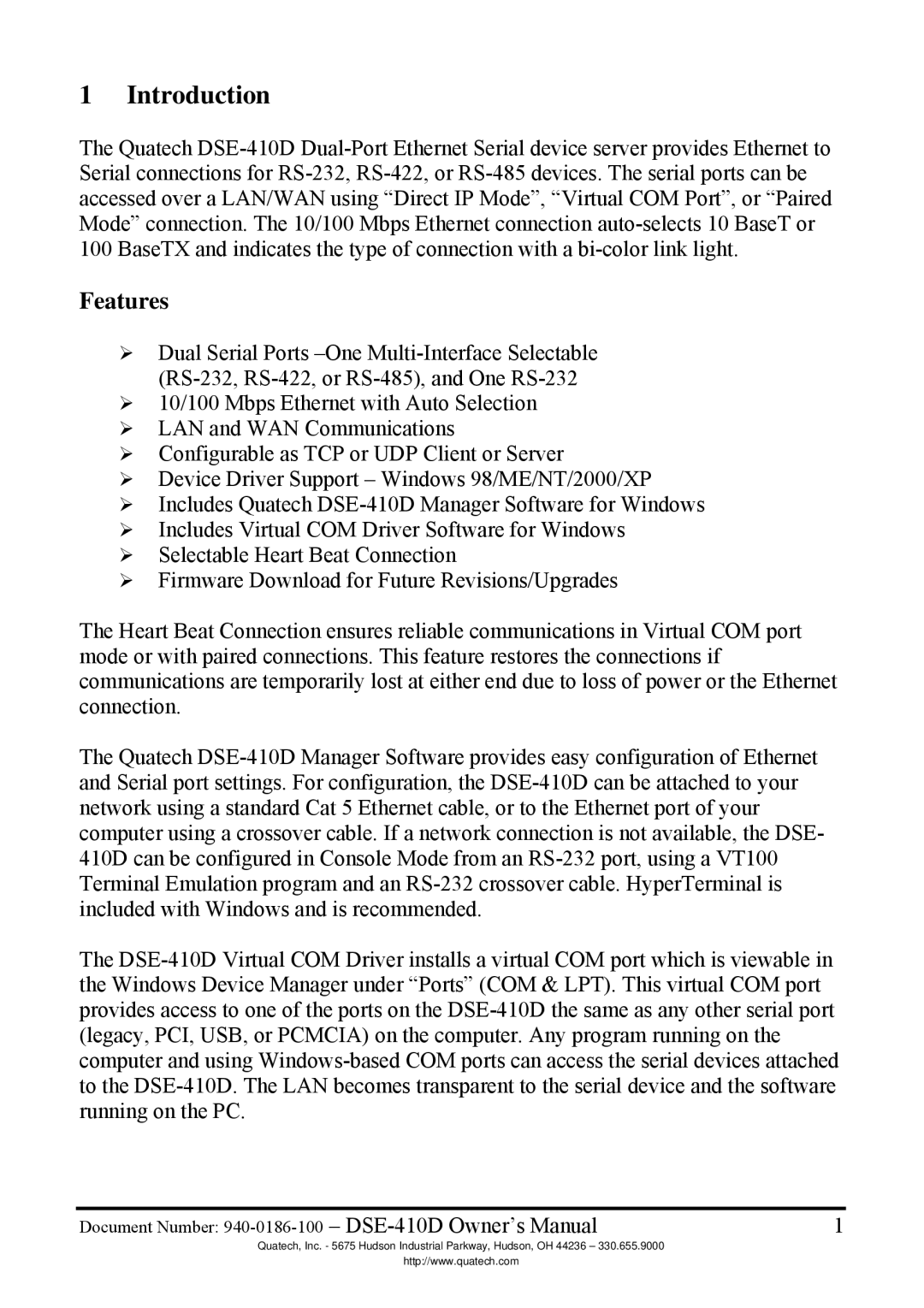 Quatech DSE-410D manual Introduction, Features 