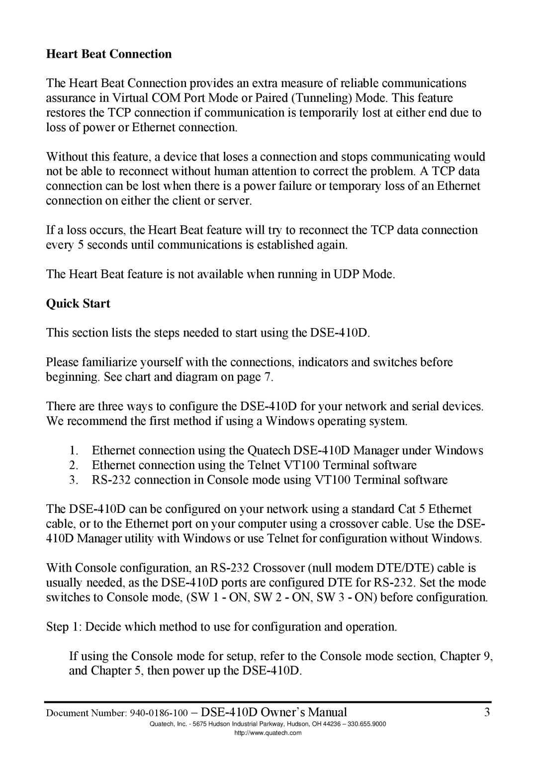 Quatech DSE-410D manual Heart Beat Connection, Quick Start 