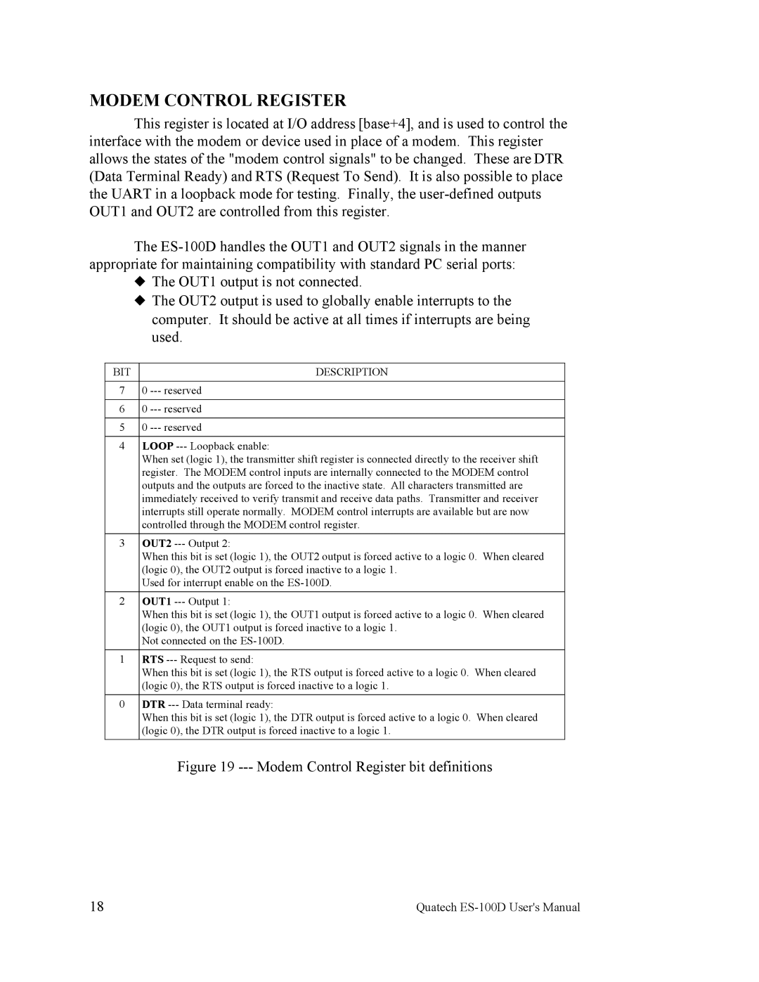 Quatech ES-100 user manual Modem Control Register bit definitions 