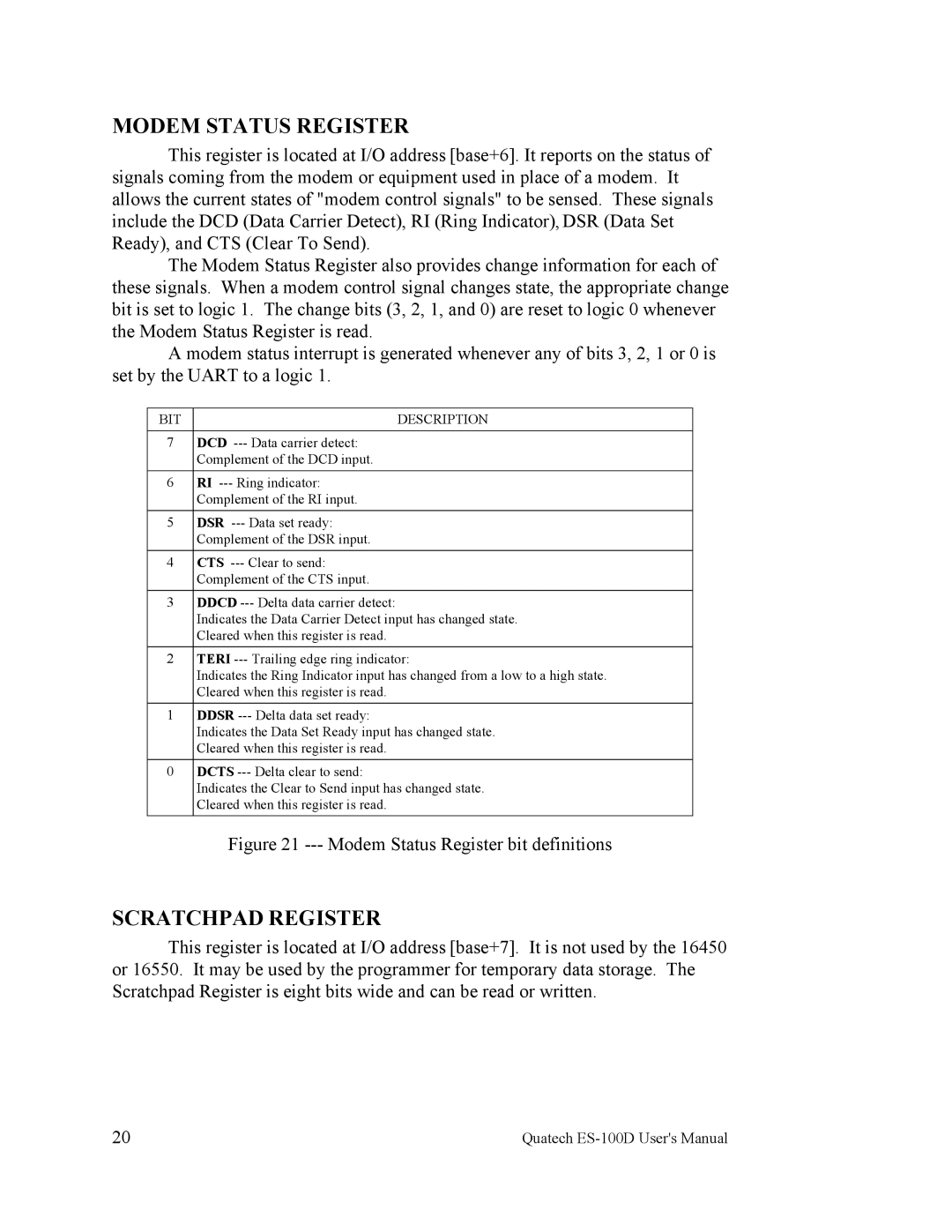 Quatech ES-100 user manual Modem Status Register, Scratchpad Register 