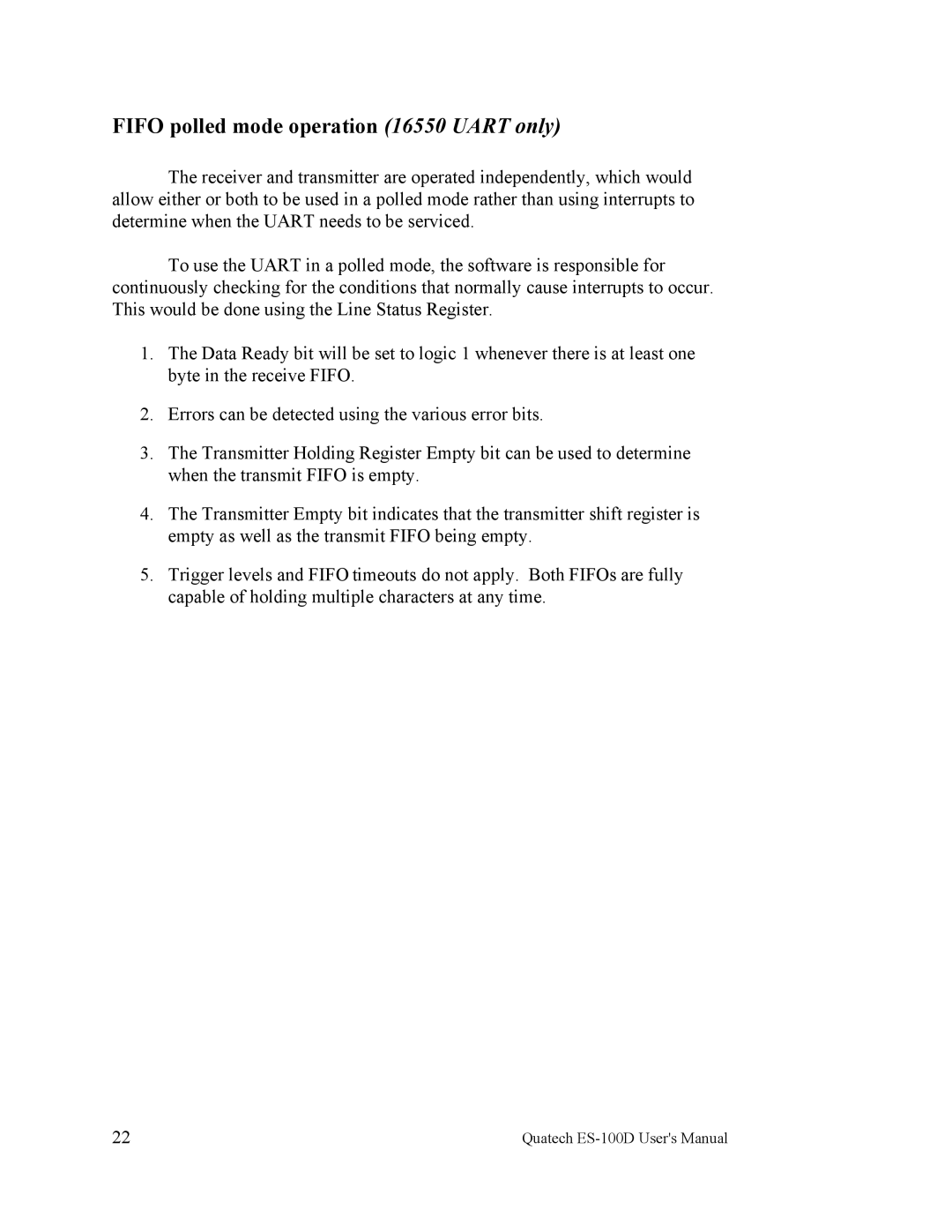 Quatech ES-100 user manual Fifo polled mode operation 16550 Uart only 