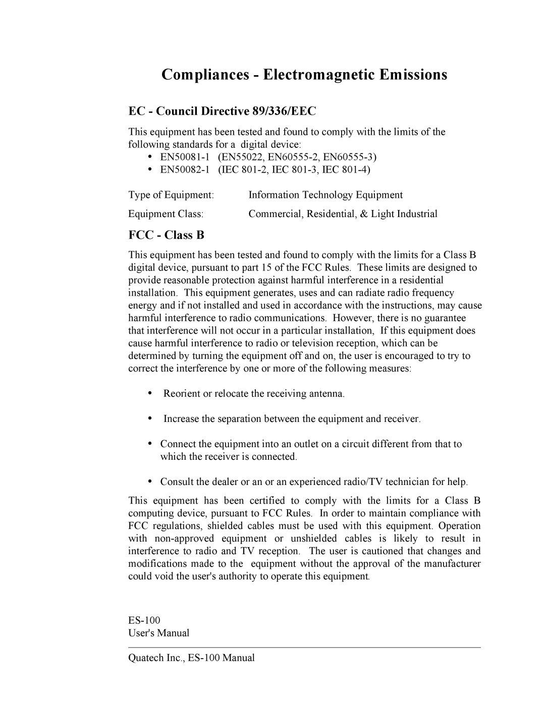 Quatech ES-100 user manual EC Council Directive 89/336/EEC, FCC Class B 