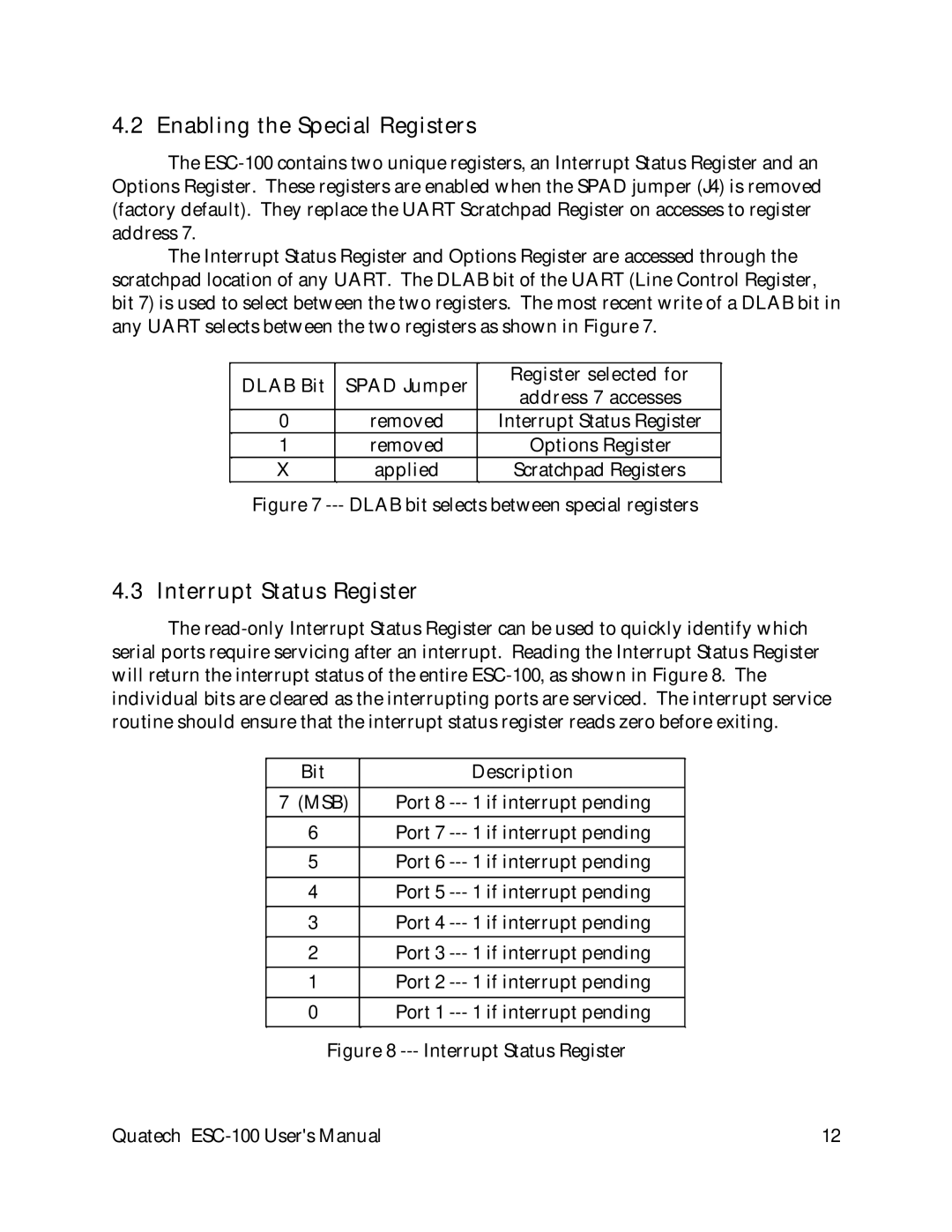 Quatech ESC-100 user manual Enabling the Special Registers, Interrupt Status Register 