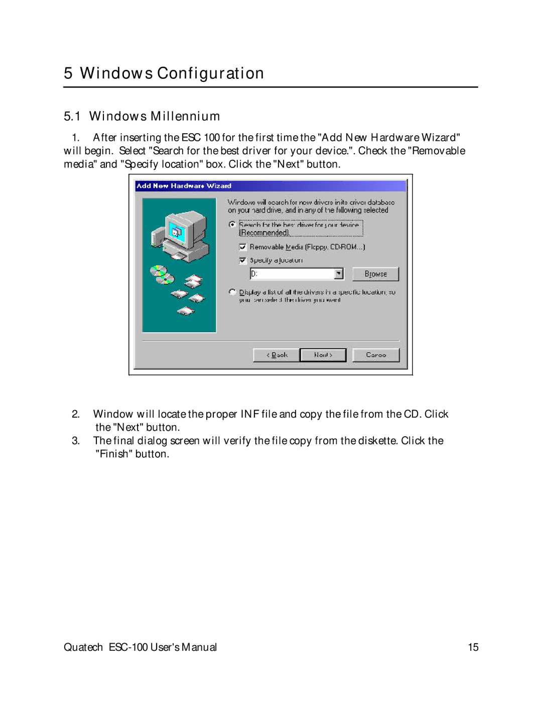 Quatech ESC-100 user manual Windows Configuration, Windows Millennium 