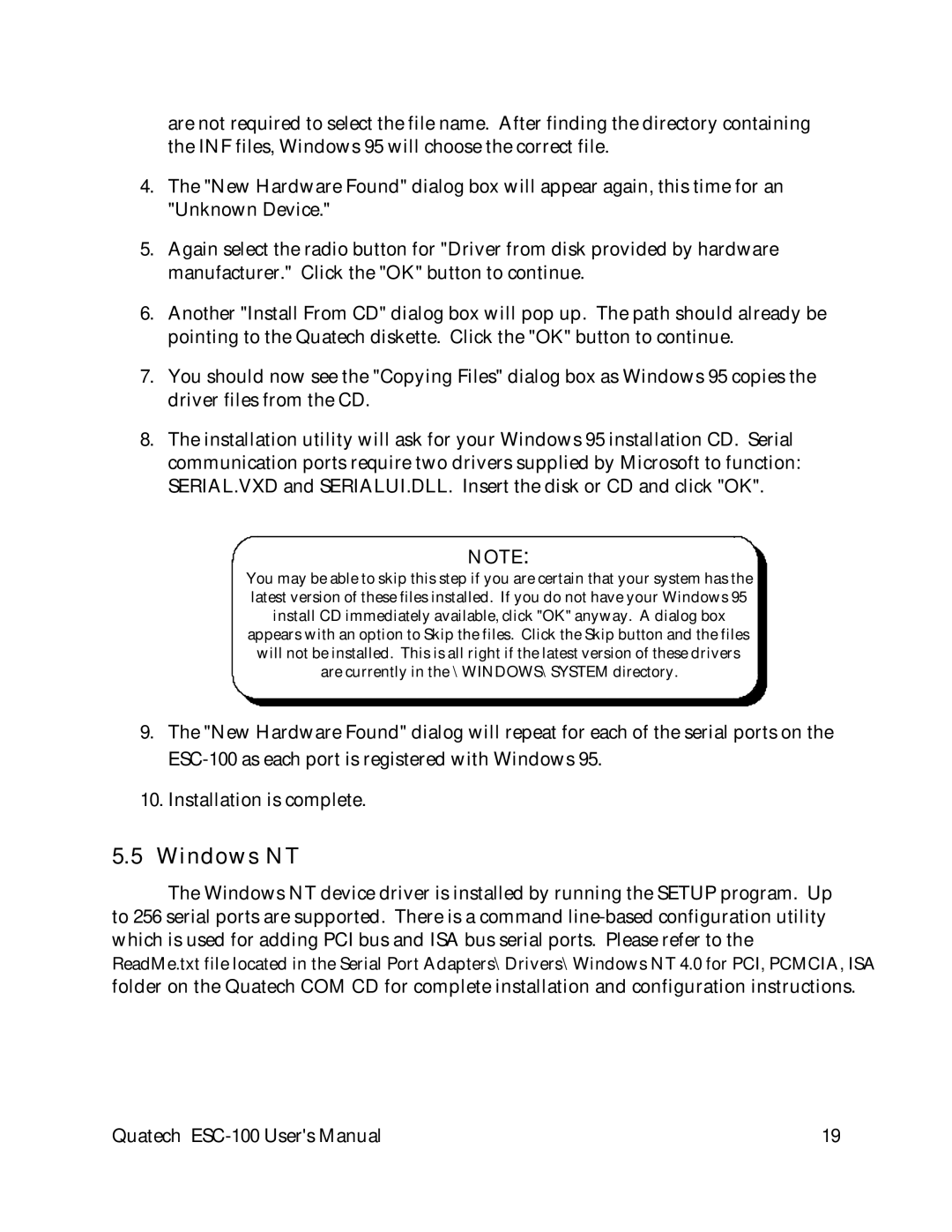 Quatech ESC-100 user manual Windows NT 