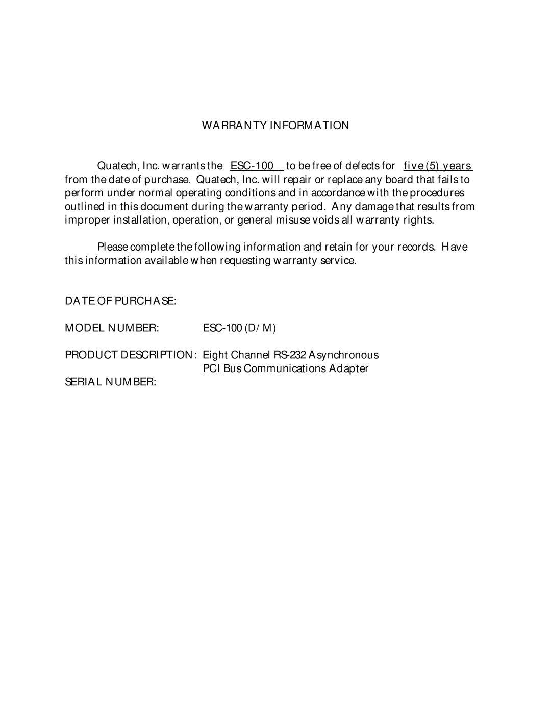 Quatech ESC-100 user manual Warranty Information 