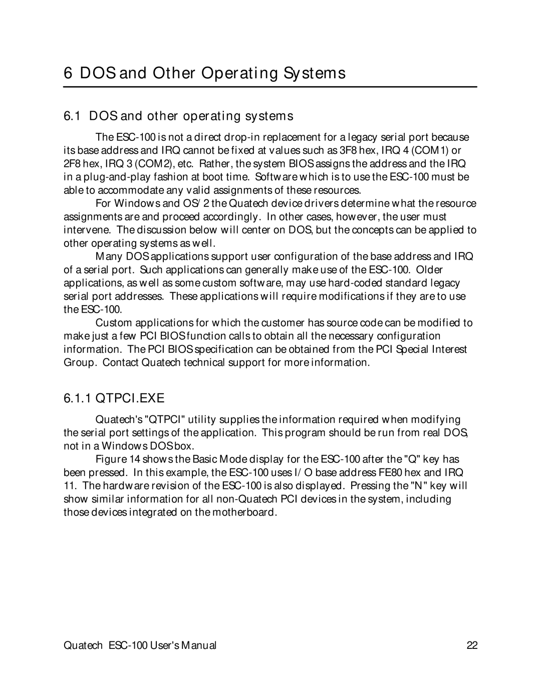 Quatech ESC-100 user manual DOS and Other Operating Systems, DOS and other operating systems 