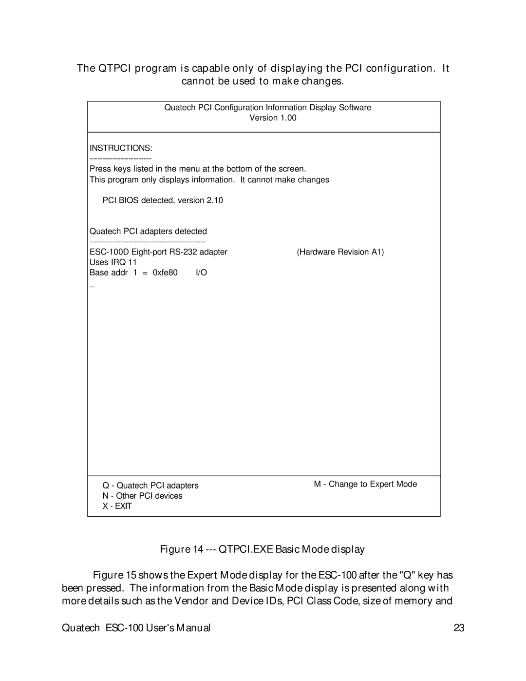 Quatech ESC-100 user manual QTPCI.EXE Basic Mode display 