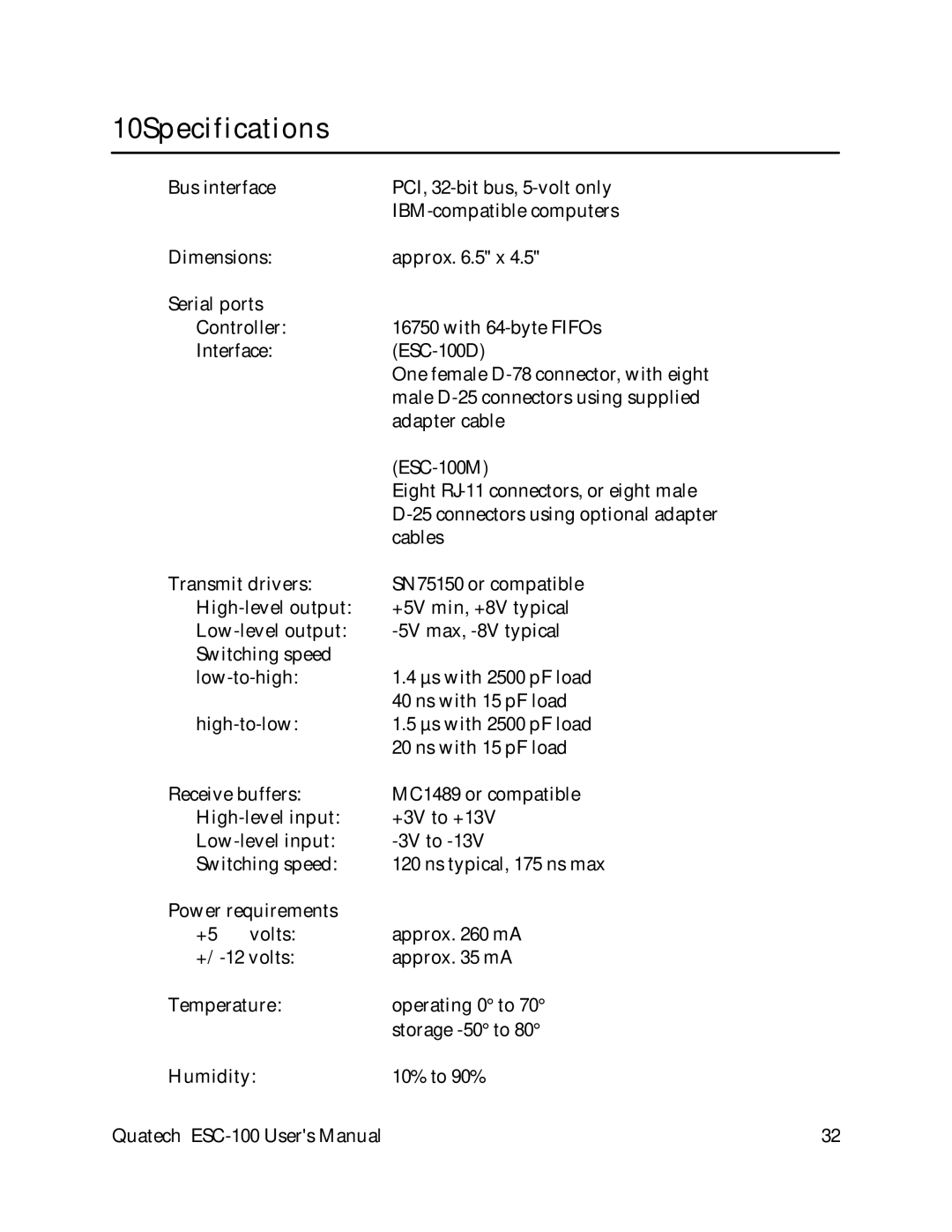 Quatech ESC-100 user manual 10Specifications 