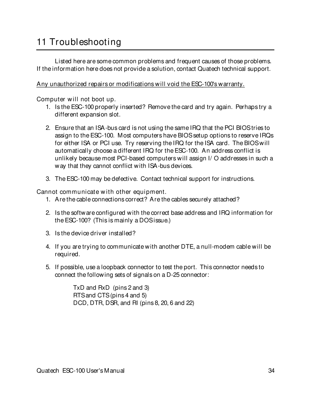 Quatech ESC-100 user manual Troubleshooting, Computer will not boot up 