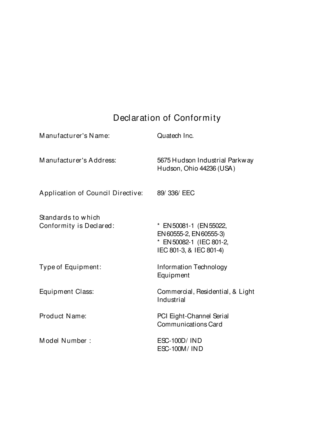 Quatech ESC-100 user manual Declaration of Conformity 