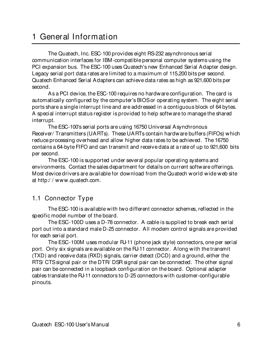 Quatech ESC-100 user manual General Information, Connector Type 