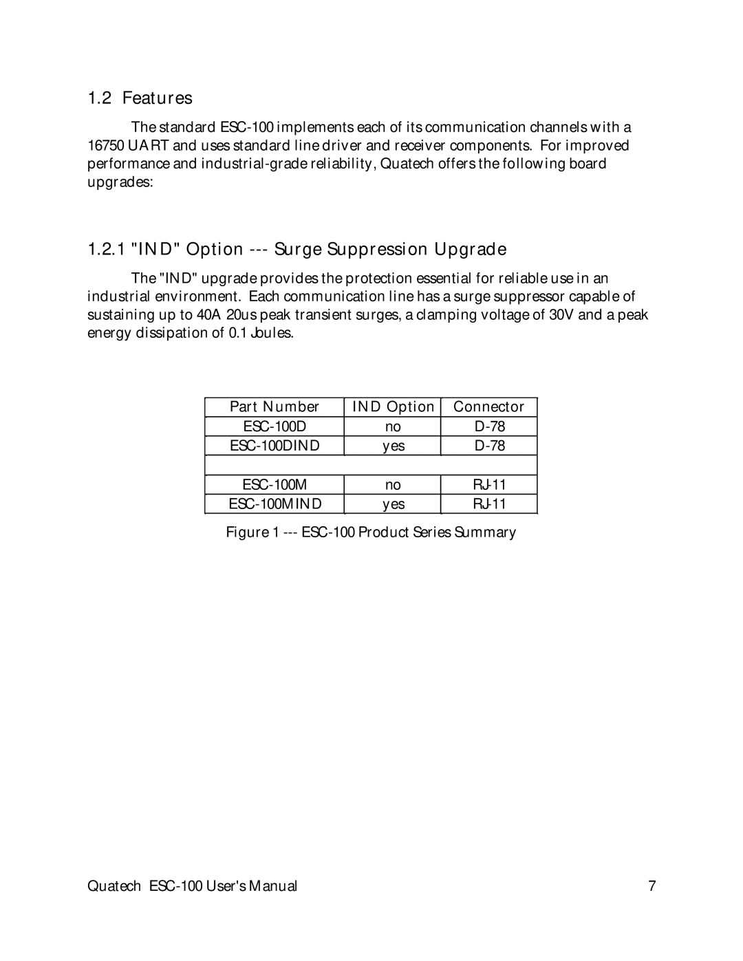 Quatech ESC-100 user manual Features, IND Option --- Surge Suppression Upgrade 