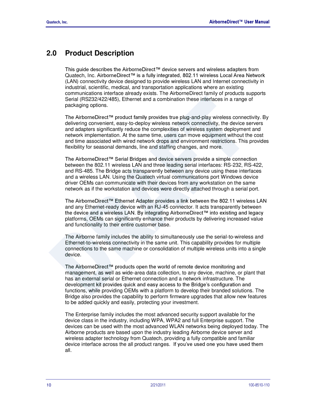 Quatech DP500, IN5000, HD500 user manual Product Description 