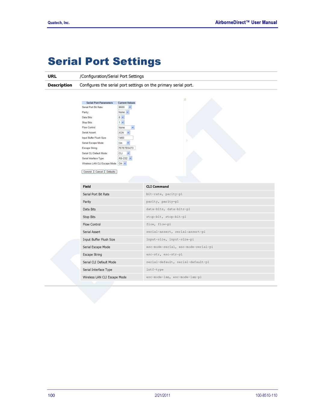 Quatech DP500, IN5000, HD500 user manual Serial Port Settings 