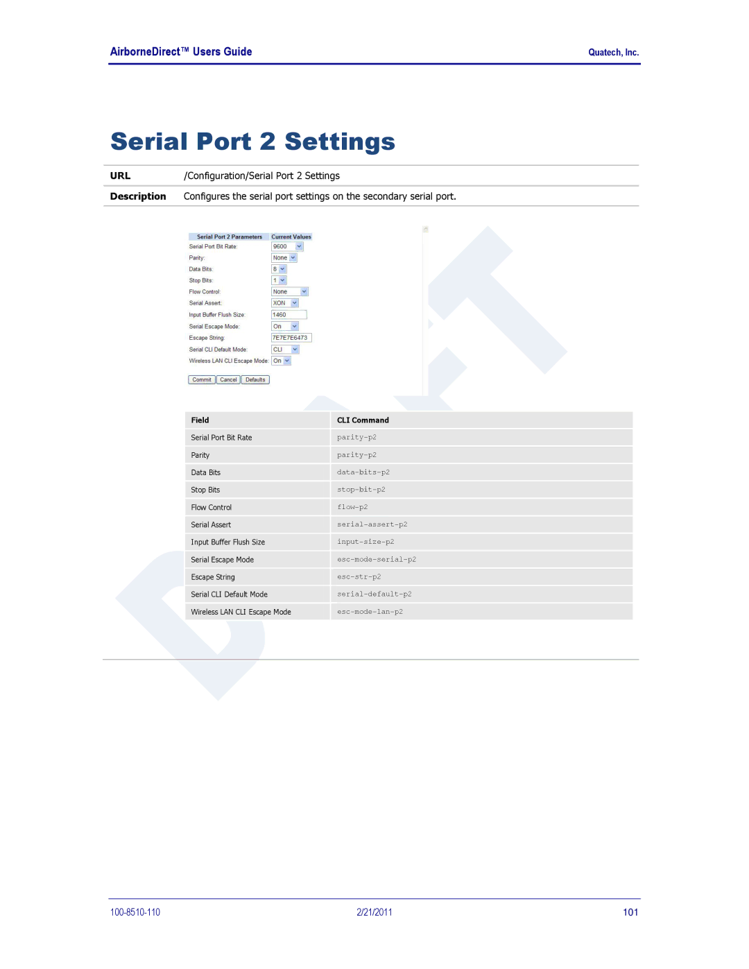 Quatech HD500, IN5000, DP500 user manual Serial Port 2 Settings 