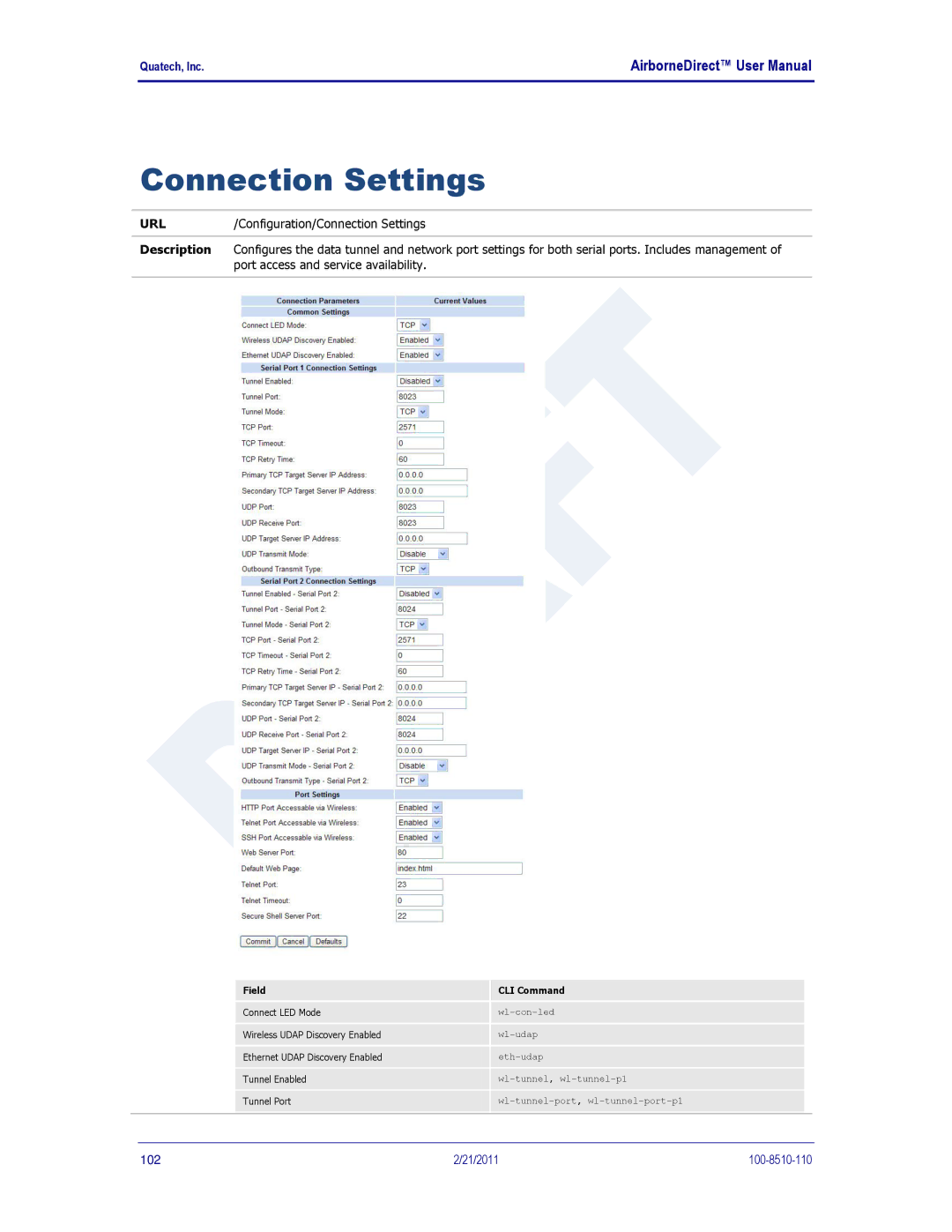 Quatech IN5000, DP500, HD500 user manual Connection Settings 