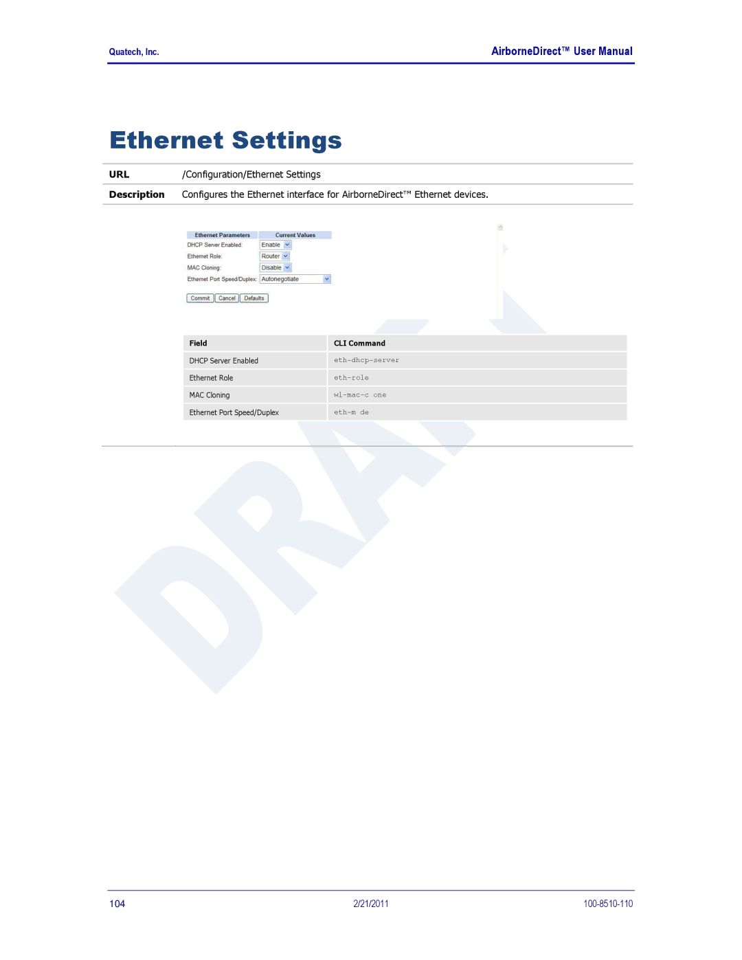 Quatech HD500, IN5000, DP500 user manual Ethernet Settings 