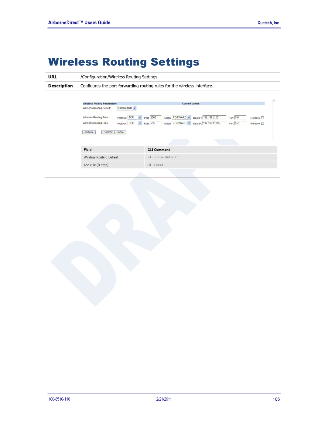 Quatech IN5000, DP500, HD500 user manual Wireless Routing Settings 