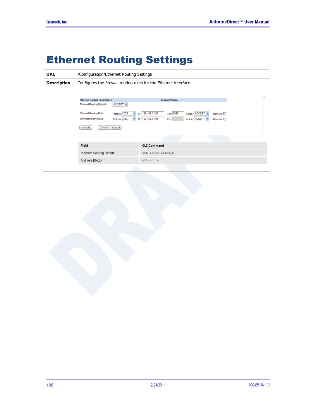 Quatech DP500, IN5000, HD500 user manual Ethernet Routing Settings 