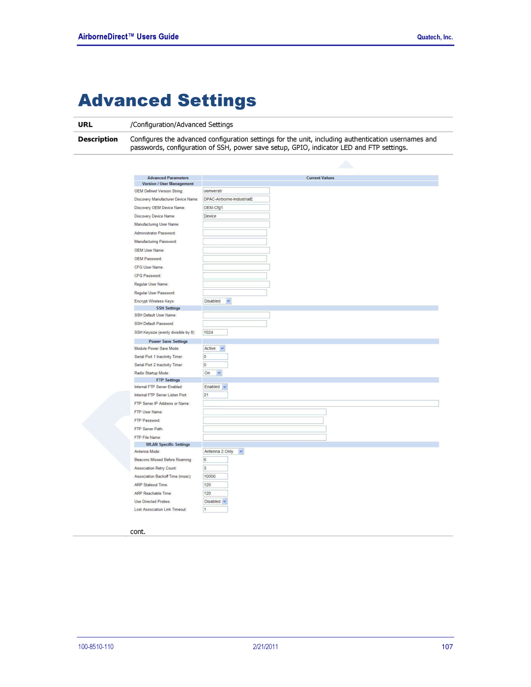 Quatech HD500, IN5000, DP500 user manual Advanced Settings 