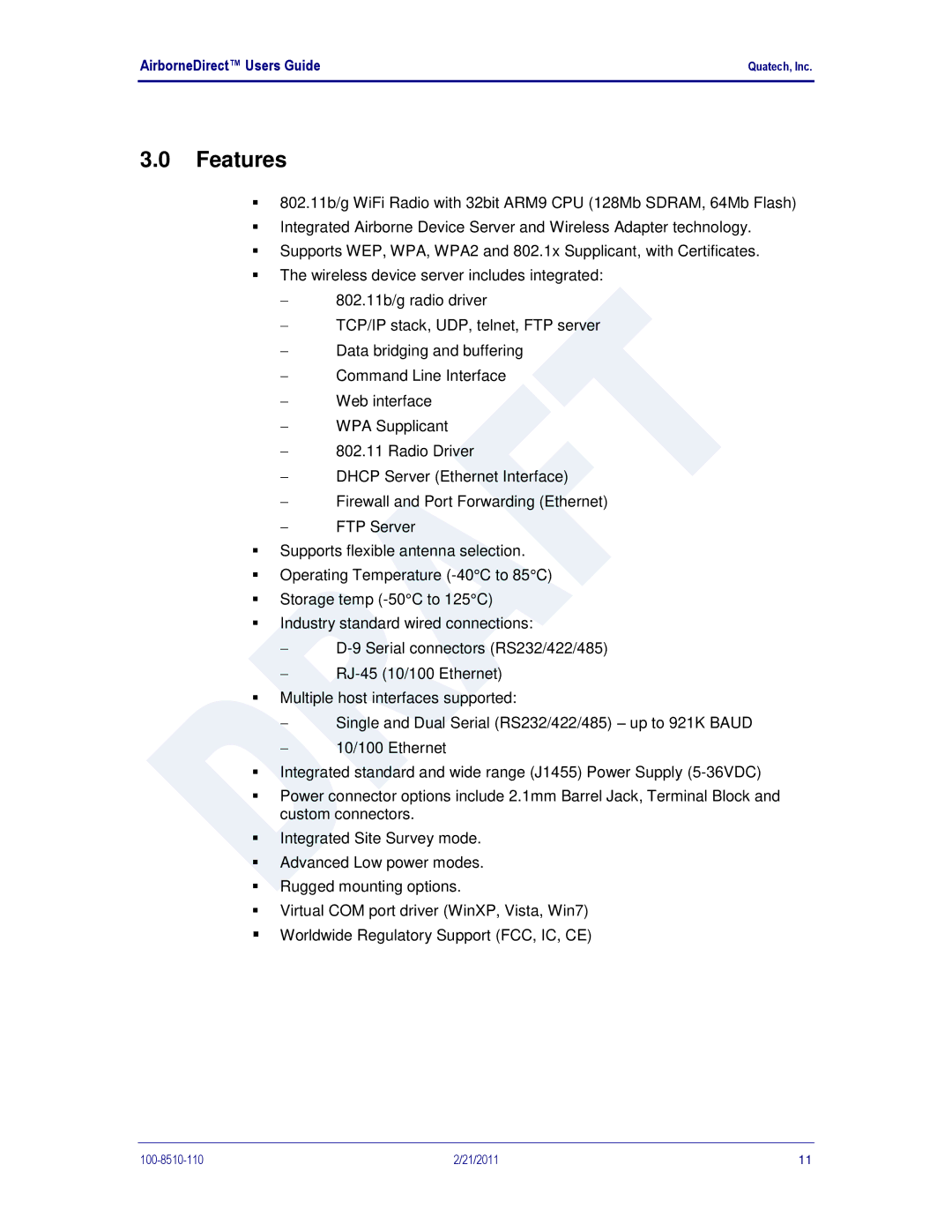 Quatech HD500, IN5000, DP500 user manual Features 