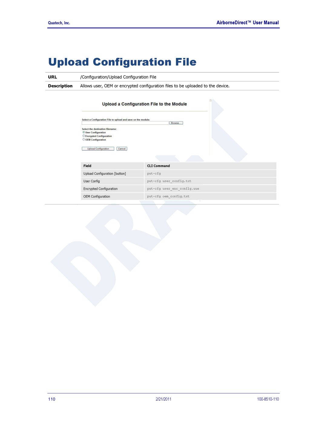 Quatech HD500, IN5000, DP500 user manual Upload Configuration File 