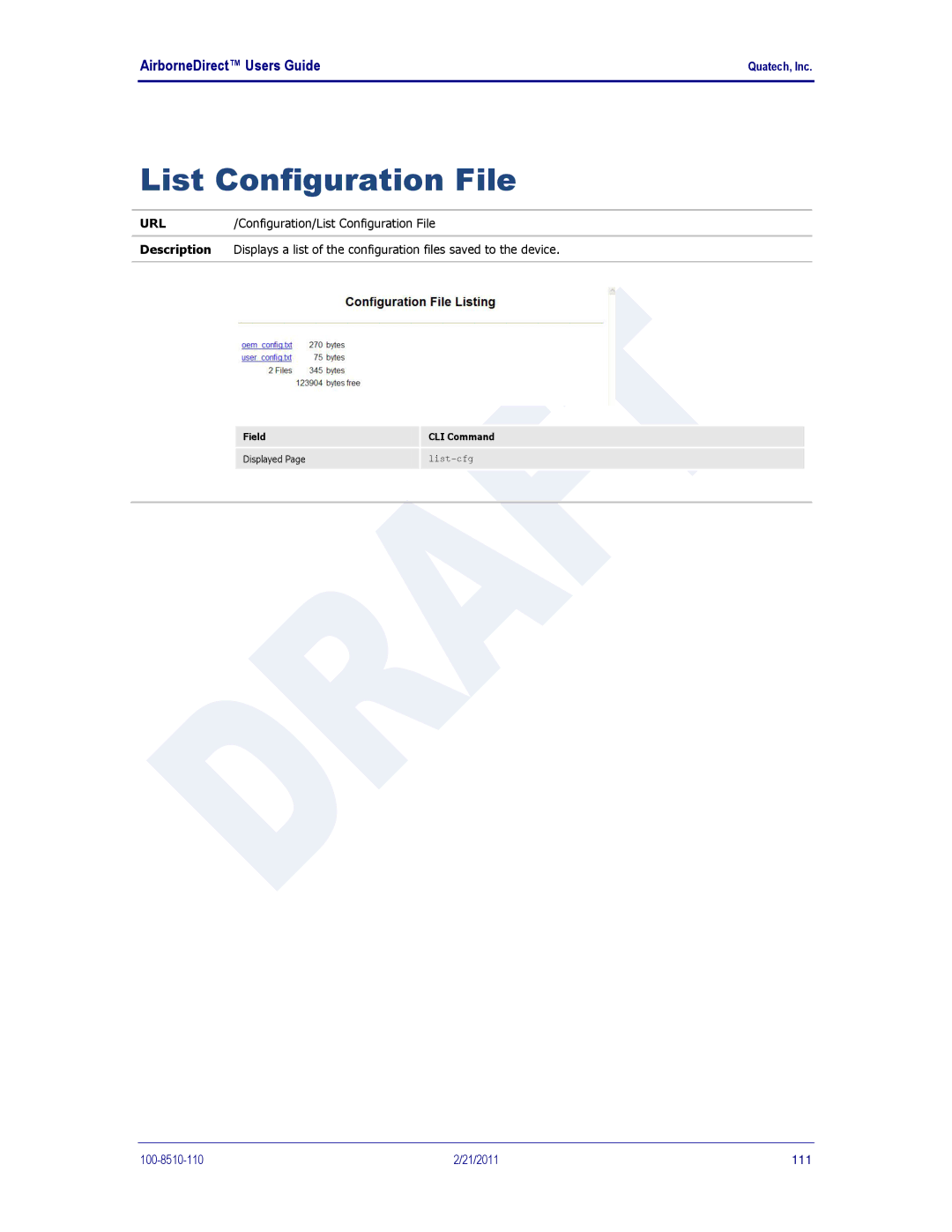 Quatech IN5000, DP500, HD500 user manual List Configuration File 