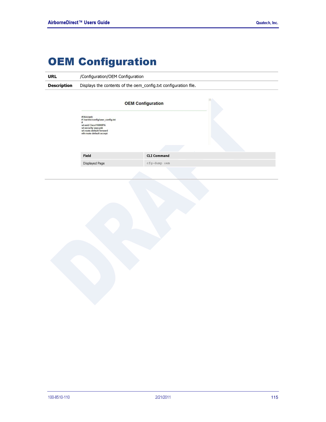 Quatech DP500, IN5000, HD500 user manual OEM Configuration 