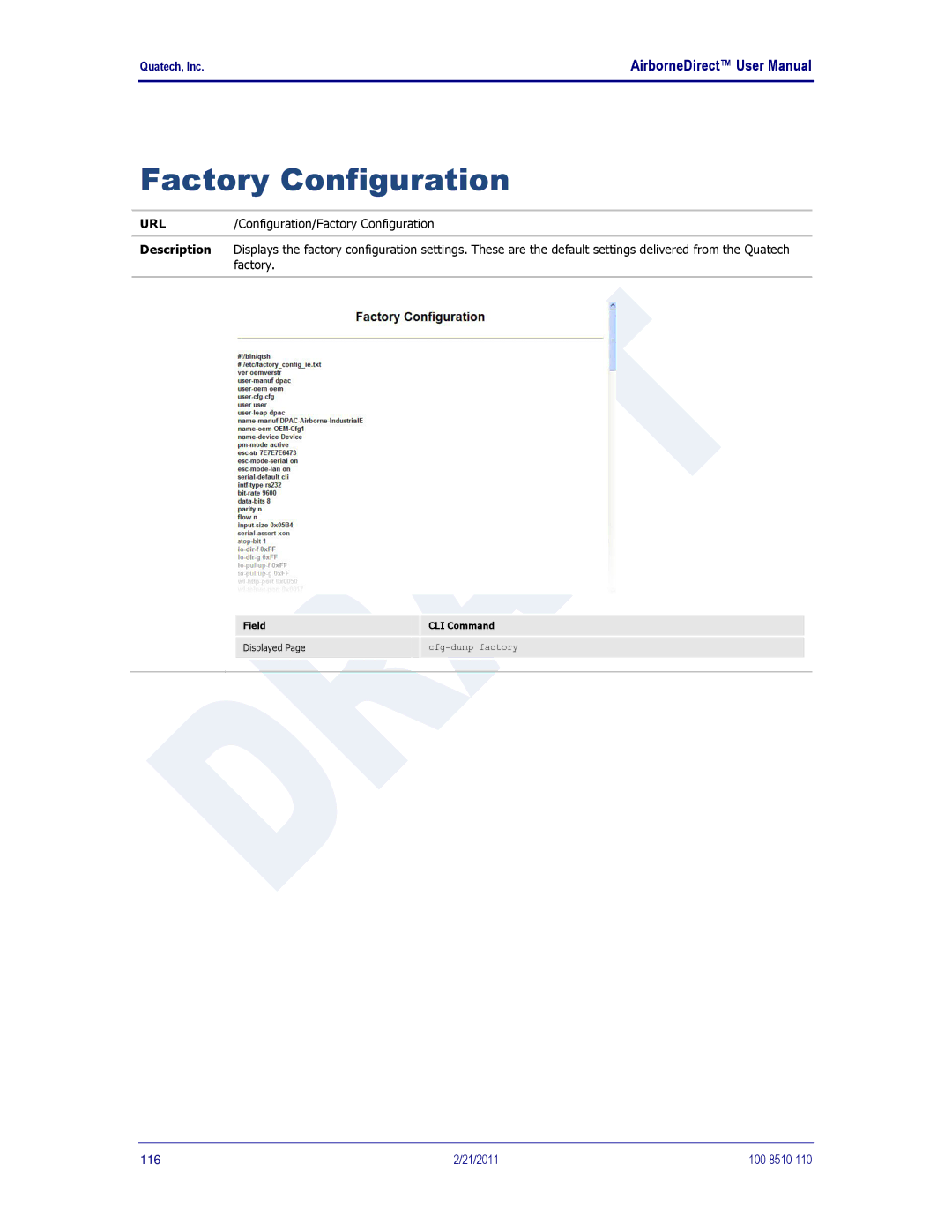 Quatech HD500, IN5000, DP500 user manual Factory Configuration 