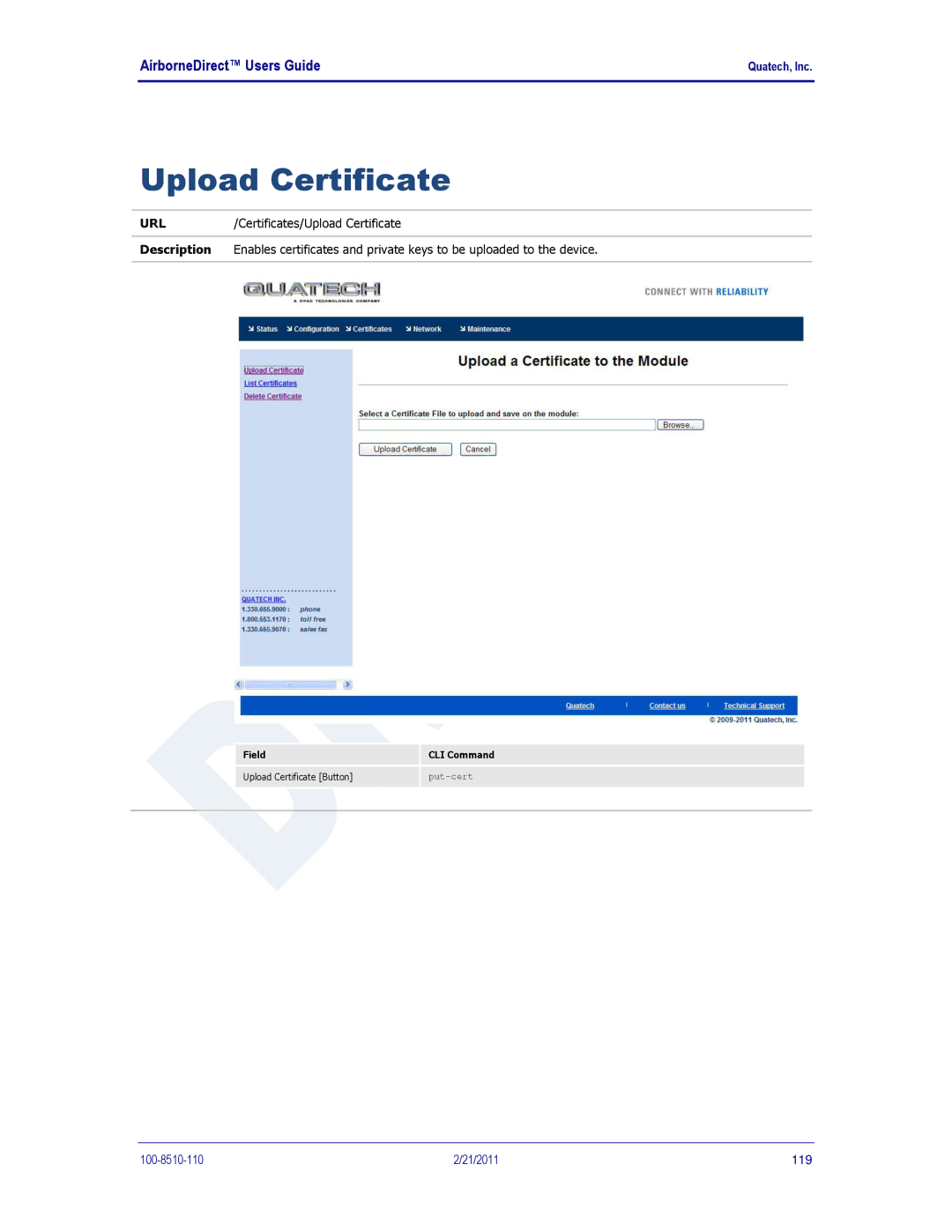 Quatech HD500, IN5000, DP500 user manual Upload Certificate 